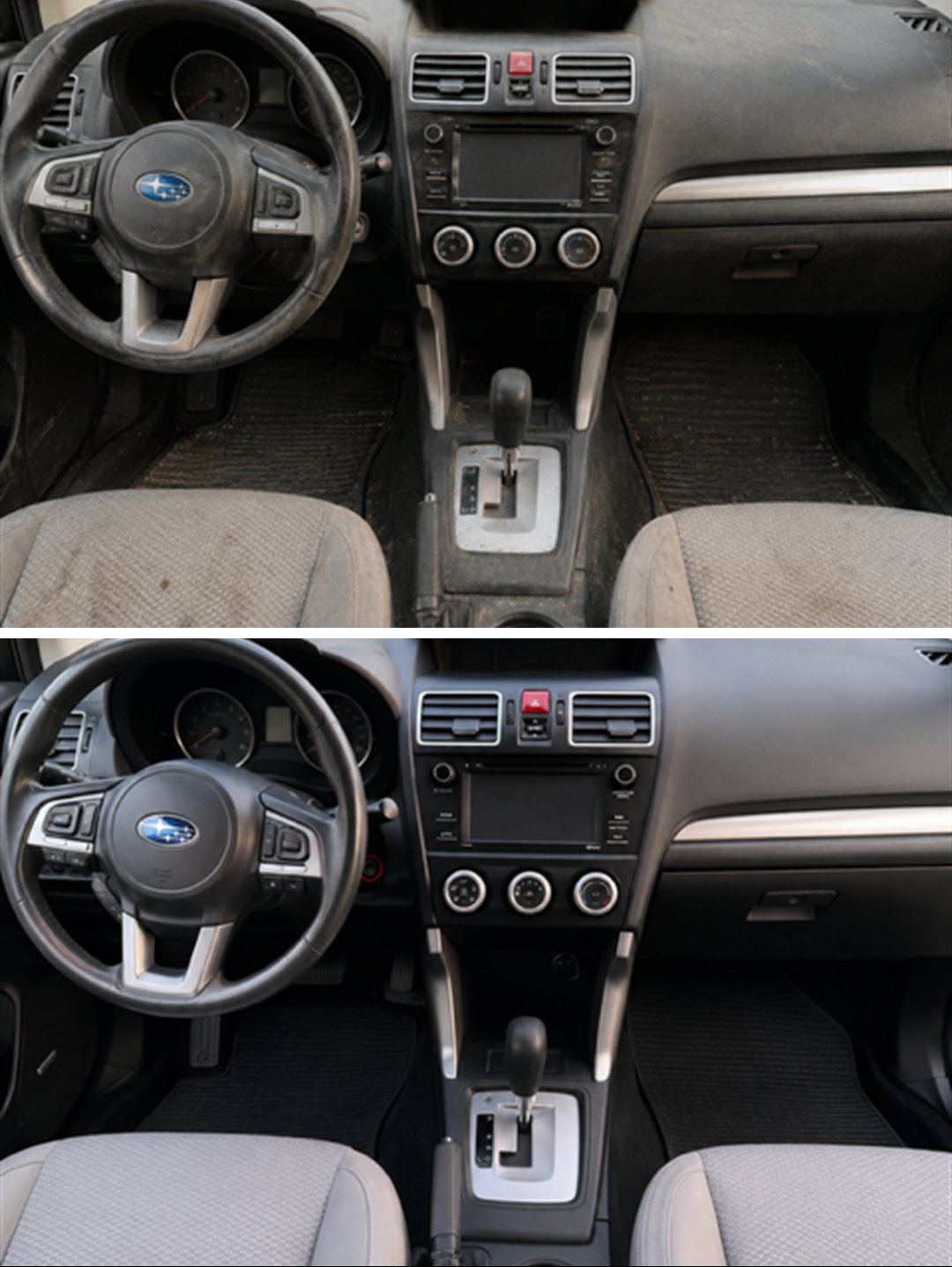 Subaru interior before and after a deep clean — dusty dash and grimy seats on top; fresh, clean cabin on the bottom